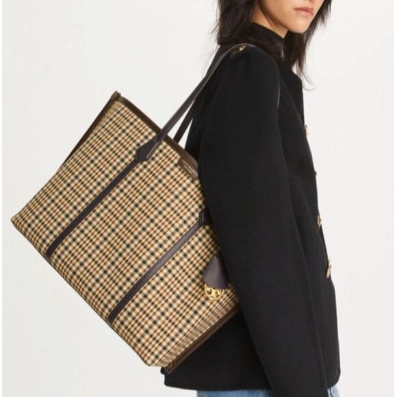 🏷️NWT: TORY BURCH PERRY TRIPLE-COMPARTMENT TOTE  - Classic Brown-tone Plaid - Picture 1 of 11